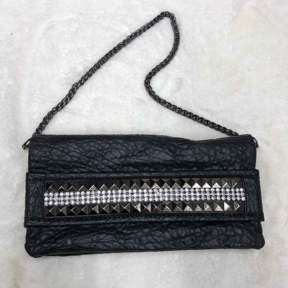 NEW Express Black pebbled faux leather Studded silver Chain Strap Clutch